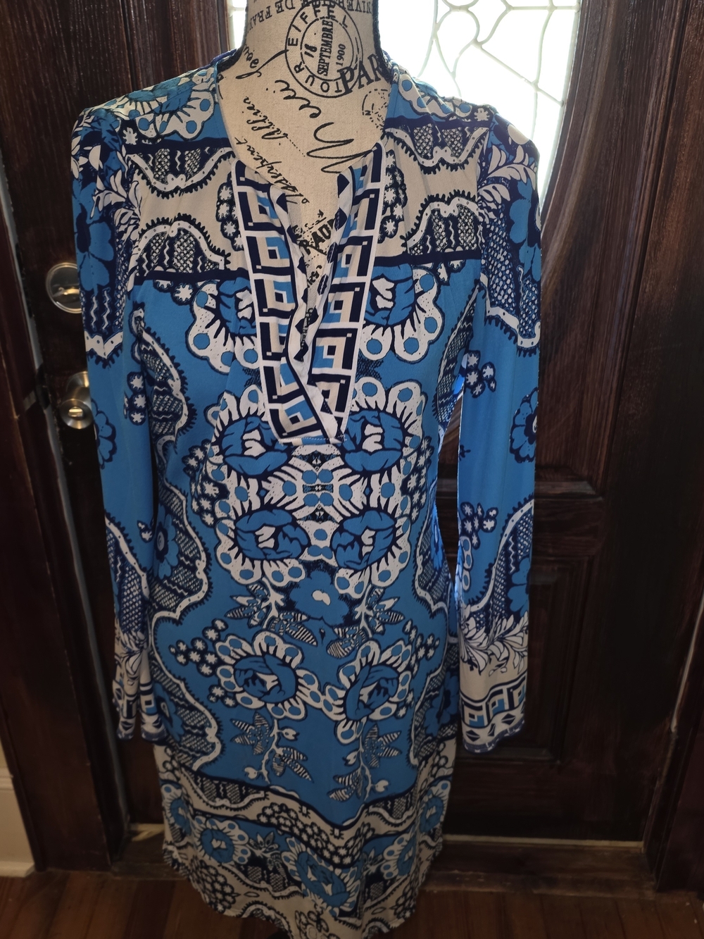 Hale Bob Blue & Off White Printed Long Sleeve Dress Small